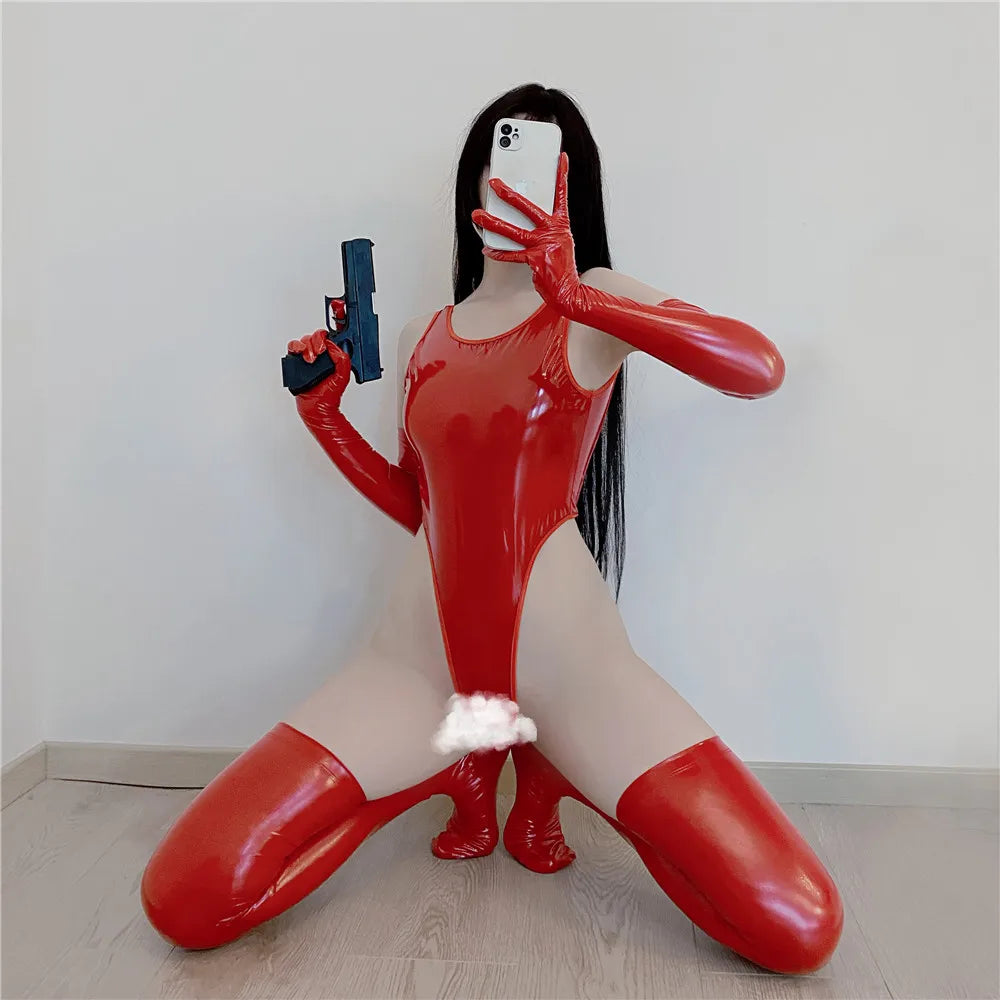 PVC Shiny High Cut Bodysuit Latex PU Faux Leather Open Crotch Sexy Tight Club Wear Elastic Leotard Backless One Piece Thong