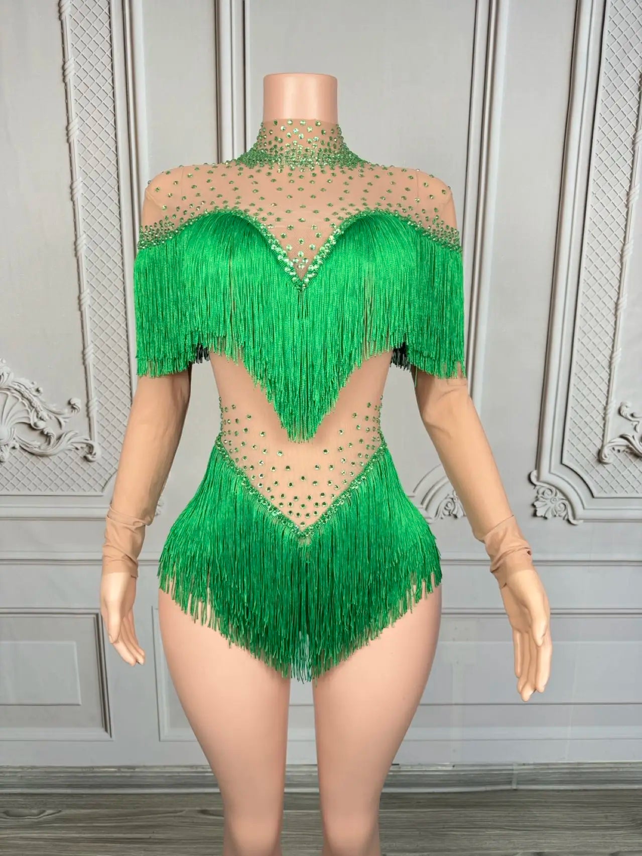 Sparkly Rhinestone Tassel Fringe Dance Performance Costume Stage Bodysuit