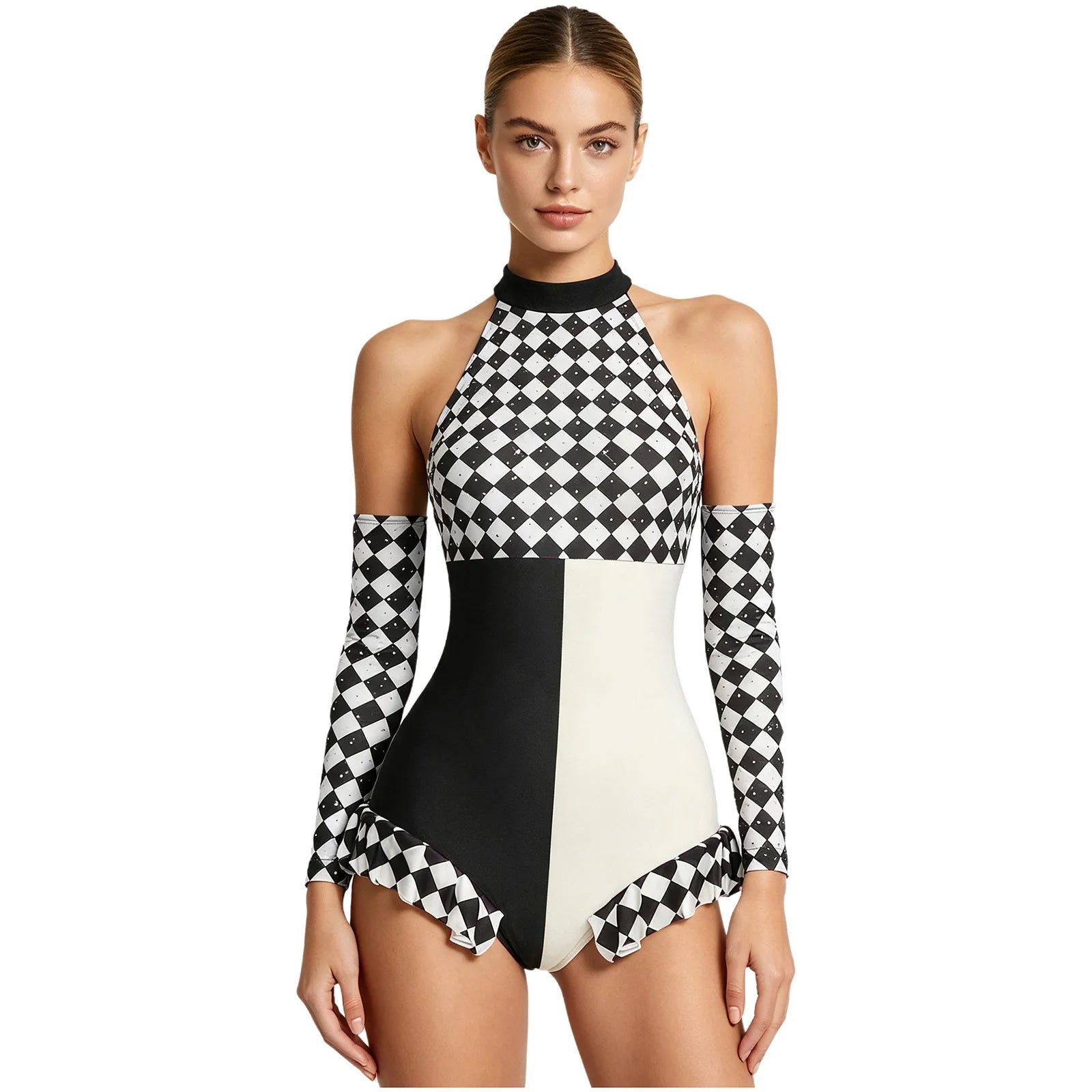 Circus Harlequin Clown Plaid Halter Bodysuit & Arm Sleeves 2-Piece Cosplay Costume Set