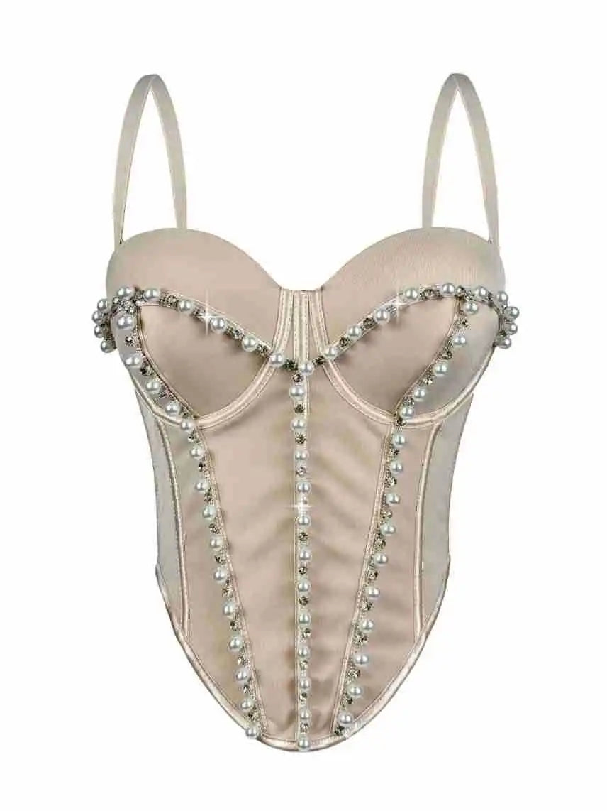 Pearl Embroidered Bustier Corset Crop Top High Street Evening Bralette