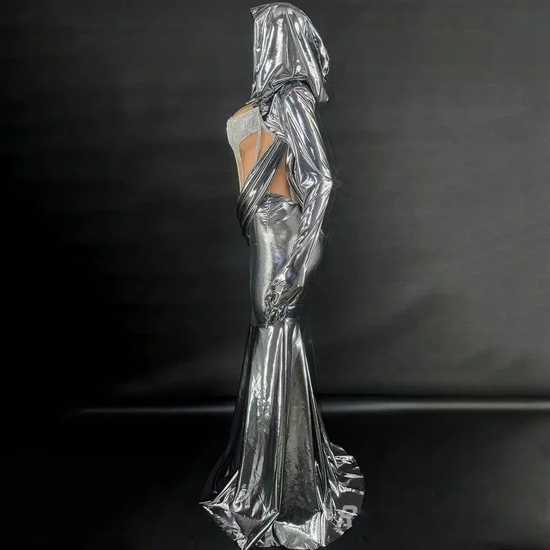 Liquid Metallic Hooded Maxi Gown Backless Cutout Floor-Length Stage Dress