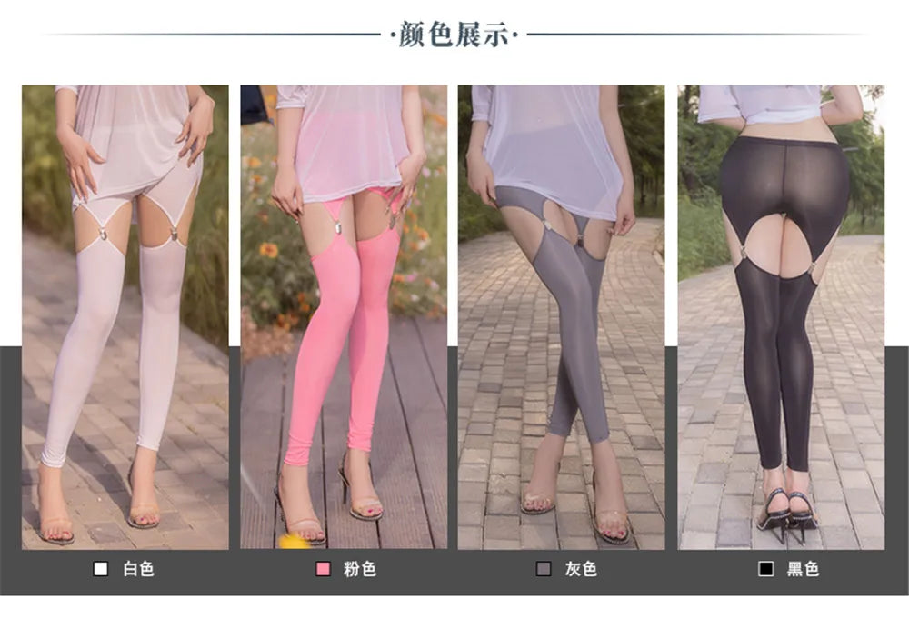 Sexy Hollow Out Buckle Shaper Tight Pencil Pants Elastic Low Waist Pants Streetwear See Through Oil Shiny Leggings With Garter B