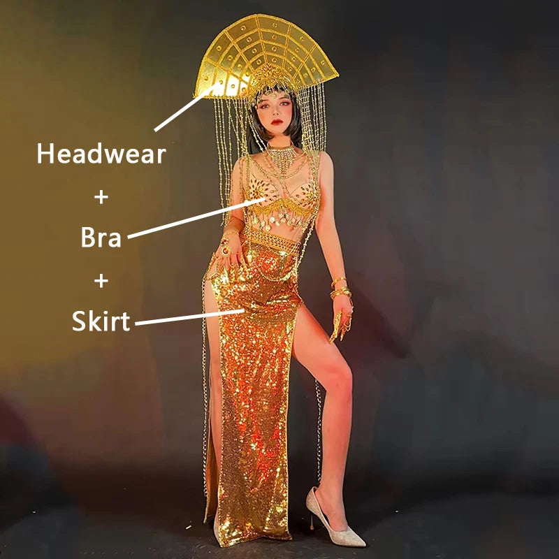Egyptian Dance Queen Gold Rhinestone Bikini & Sequins Skirt Stage Performance Costume Set