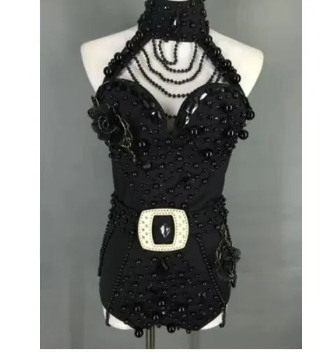 Red White Beading Halter Bodysuit Women Backless Dance Costume Nightclub Singer Stage Performance Outfit