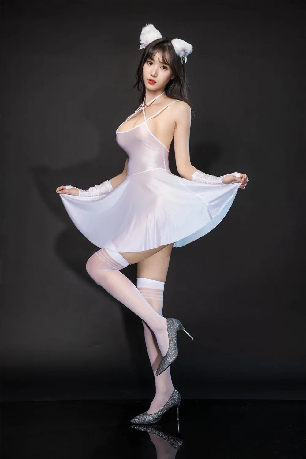 Sexy Backless Satin Smooth Oil Glossy Pleated Micro MINI Dress Bandage Sleeveless Tight Uniform Maid Ruffled Dress Stage Wear