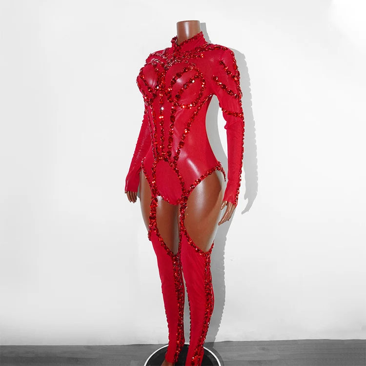 Rhinestone Mesh Jumpsuit Costume Set