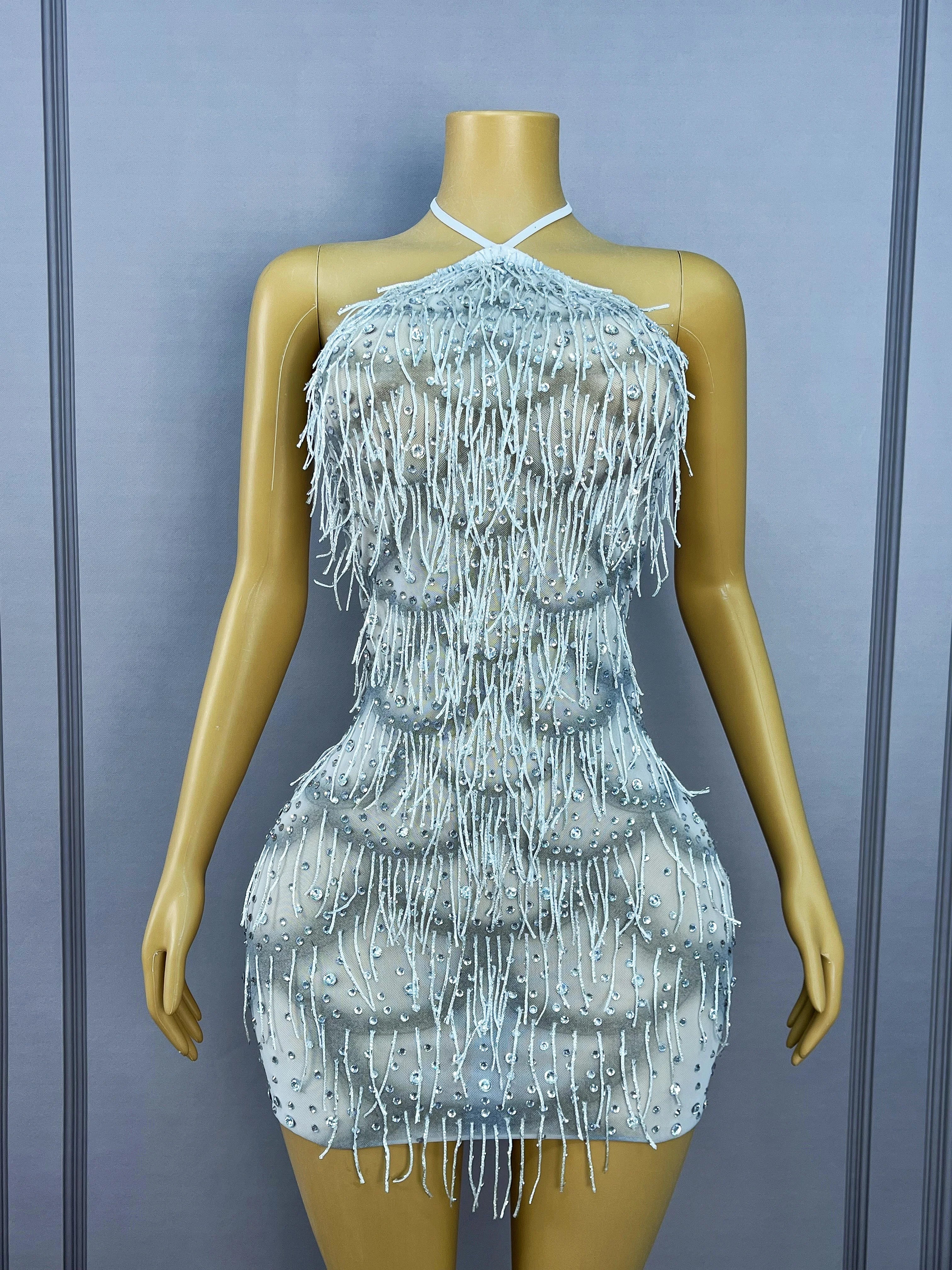 Silver Rhinestone Tassel Backless Stage Performance Mini Dress Party Gown