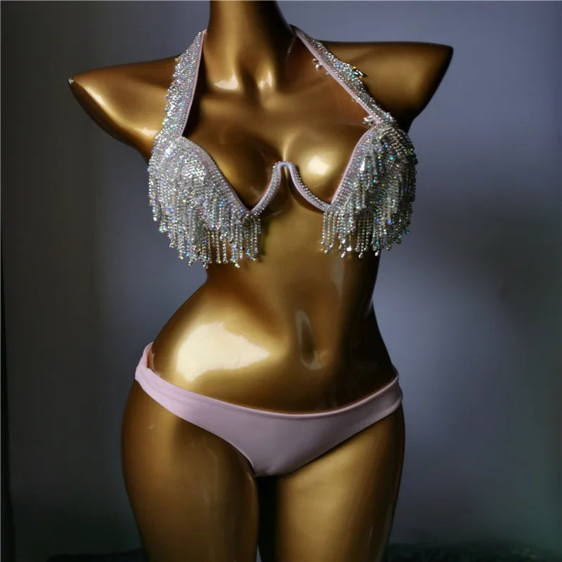 Luxury Rhinestone Siamese Monokini – Shimmering Crystal Cut-Out One-Piece Swimsuit & Elegant Body Harness Bathing Suit