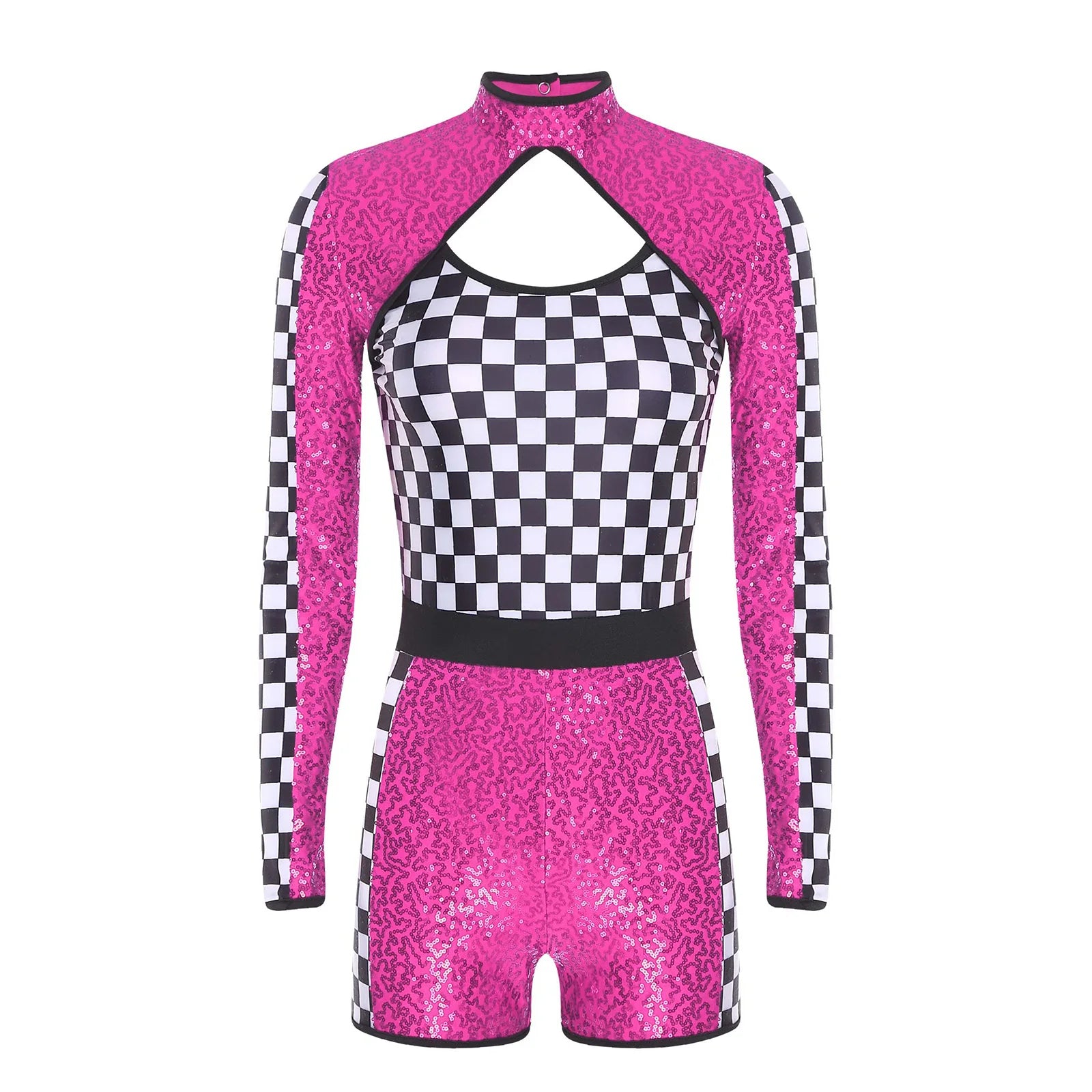 Sequin Checkerboard Car Racing Driver Costume Cutout Long Sleeve Romper Jumpsuit