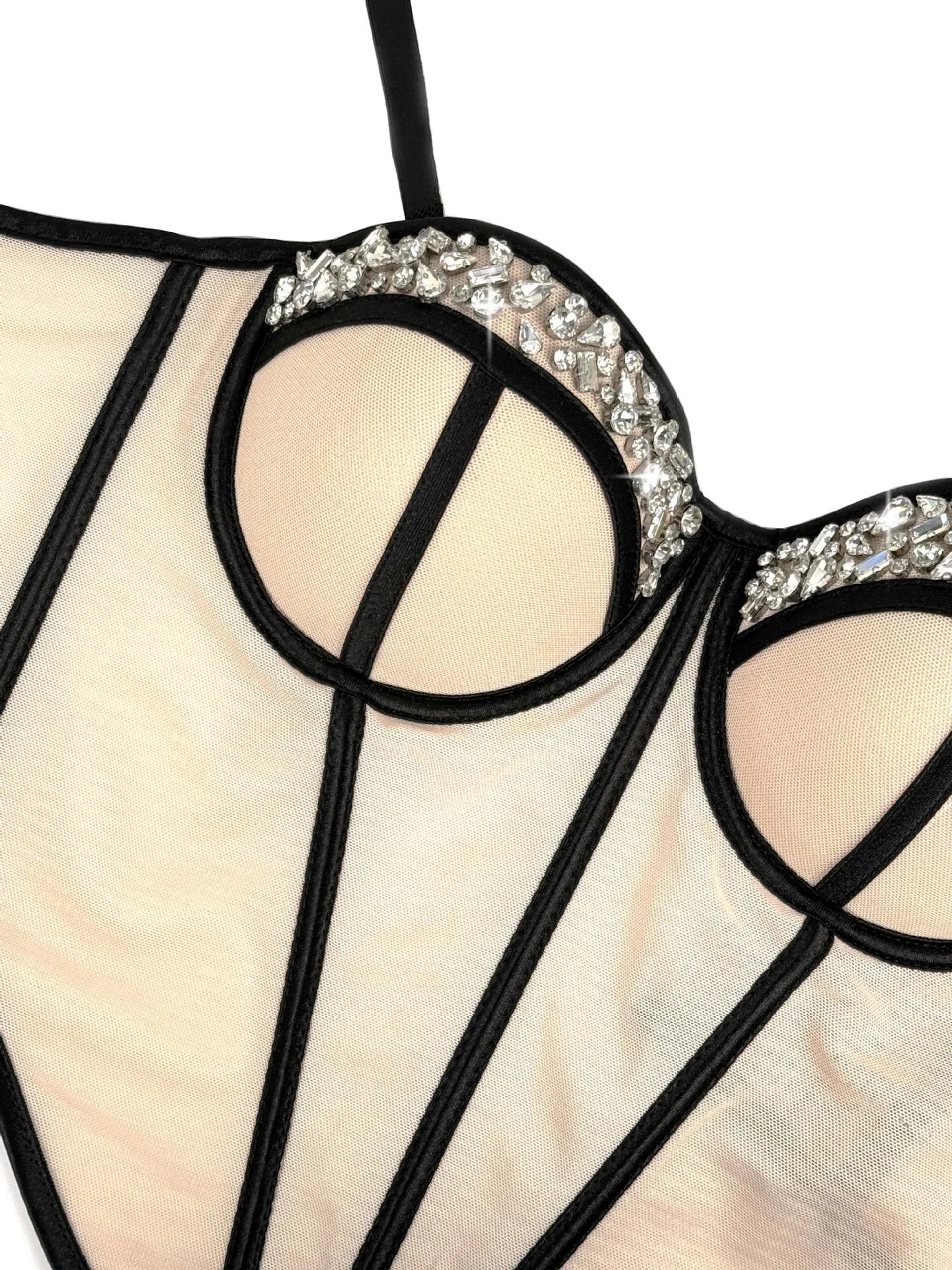 Diamond Embroidered Bustier Corset Crop Top Asymmetric Stage Bralette
