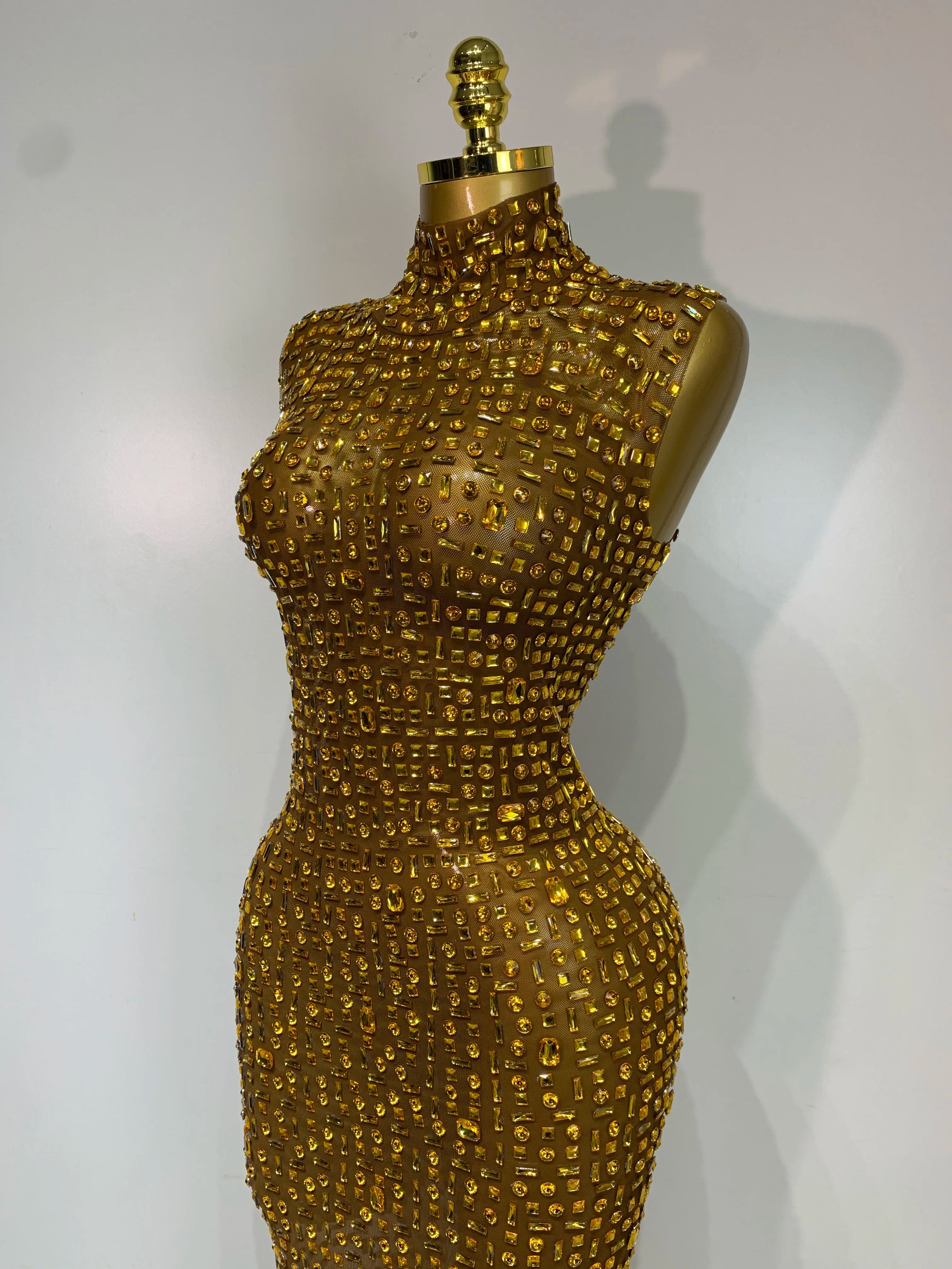 Sparkly Rhinestone Sleeveless Maxi Long Dress See-Through Sheer Mesh Stage Outfit