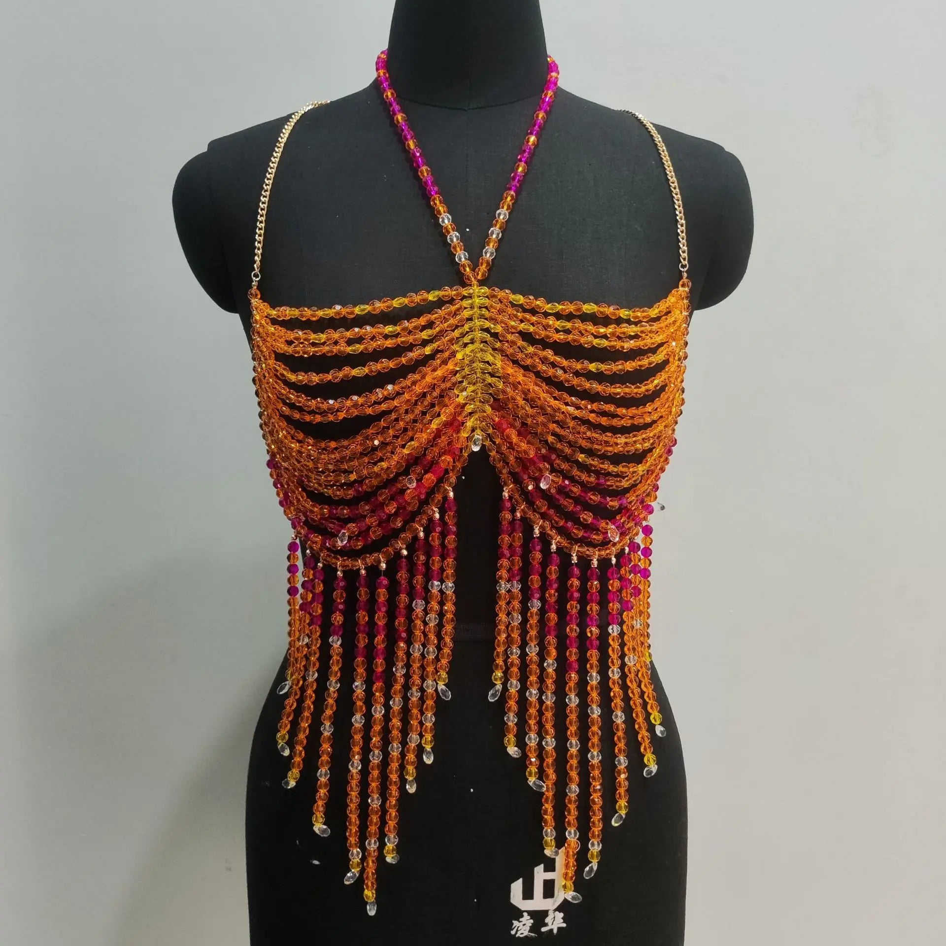Handmade Multilayer Beaded Bra Chain & Vibrant Sunset Chest Harness