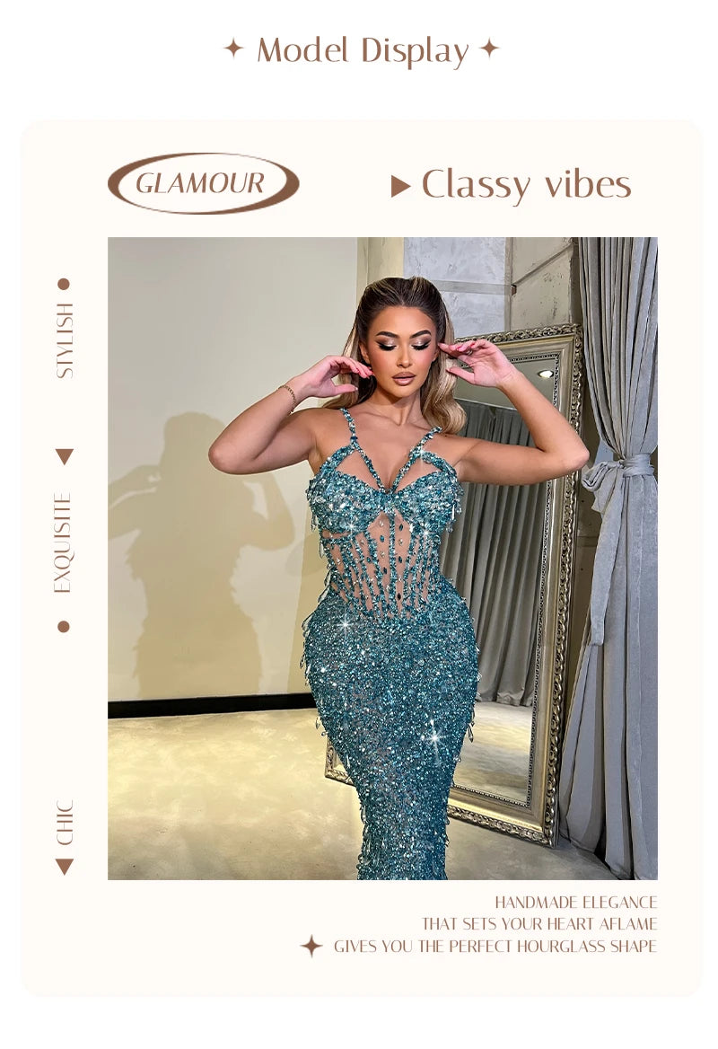 Cyan Sequin & Crystal Cross-Strap Gown