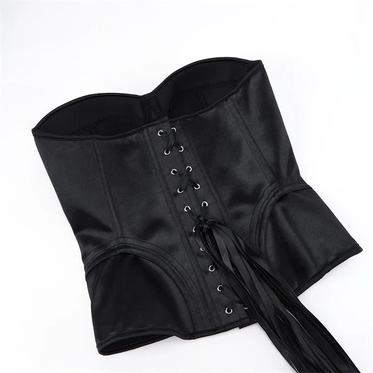 Overbust Corset Bustier Top Built-In Bra Cup Lace-Up Waist Cincher