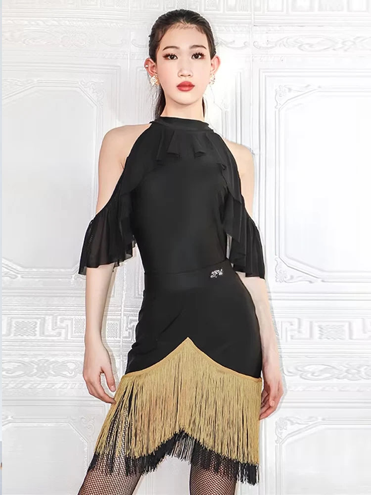 Black High-Neck Short-Sleeve Bodysuit & Gold Fringe Skirt Latin Dance Costume Set