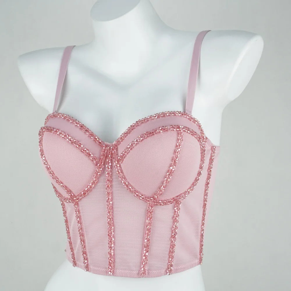 Pearl Beaded Bustier Corset Crop Top Push-Up Evening Party Camisole