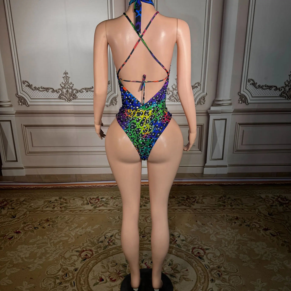 Women's Leopard Print Rhinestone One-Piece Swimsuit | Halter Neck Waterdrop Bead Cutout Swimwear