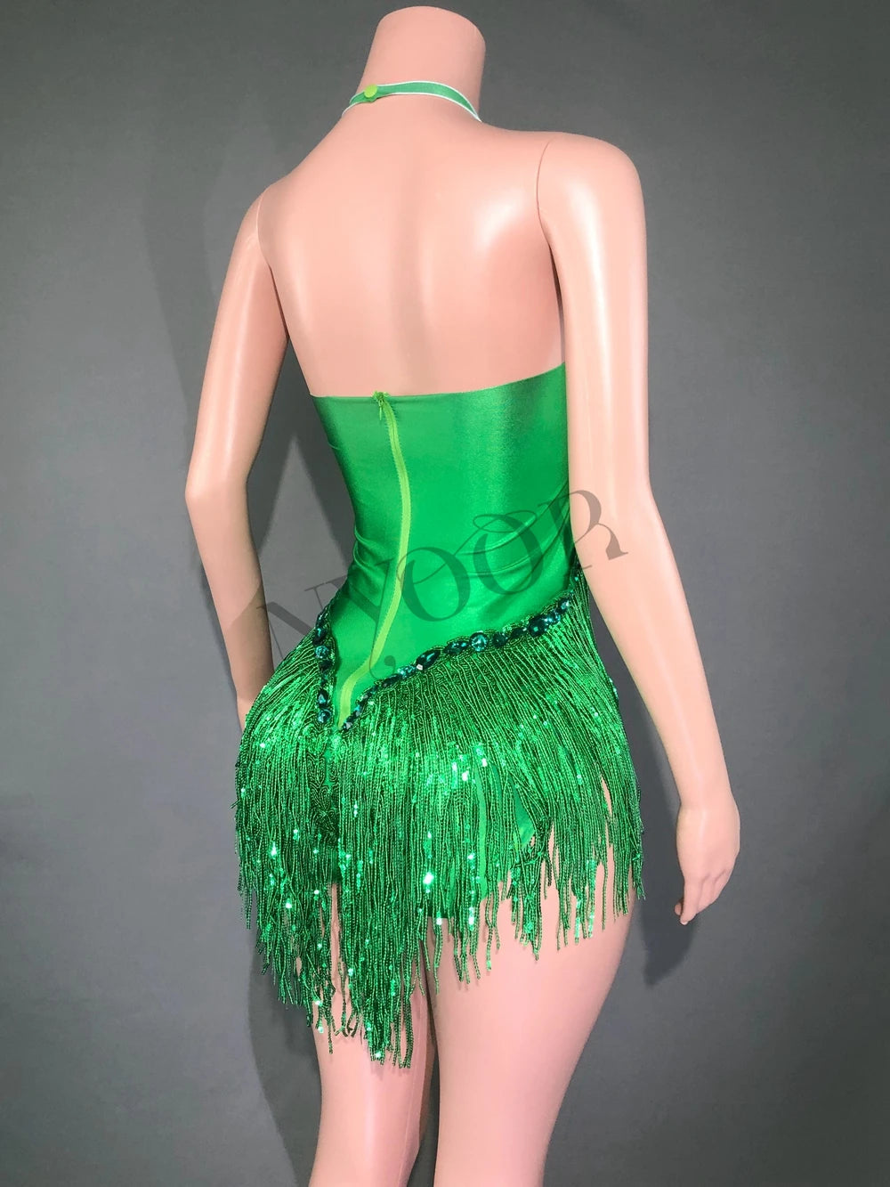 Sparkly Emerald Green Rhinestone Sequin Fringe Bodysuit Backless Stage Leotard