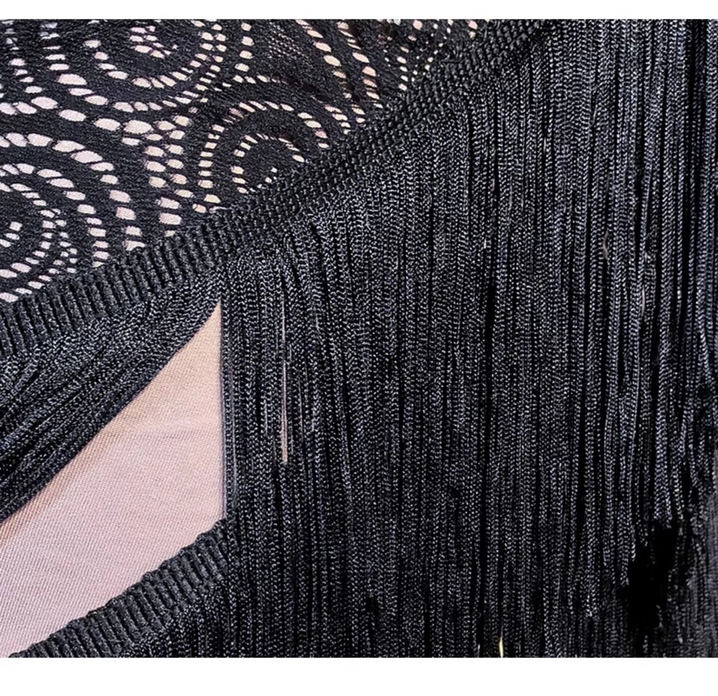 Black Fluffy Dance Leotard & Fringe Practice Skirt Latin Performance Costume Set