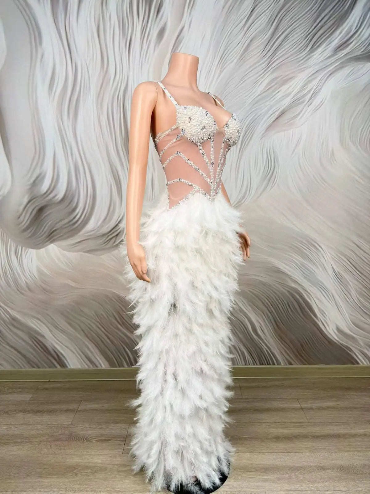 Women's White Pearl Rhinestone Feather Maxi Dress | Sweetheart Spaghetti Strap Gown for Pageant & Stage