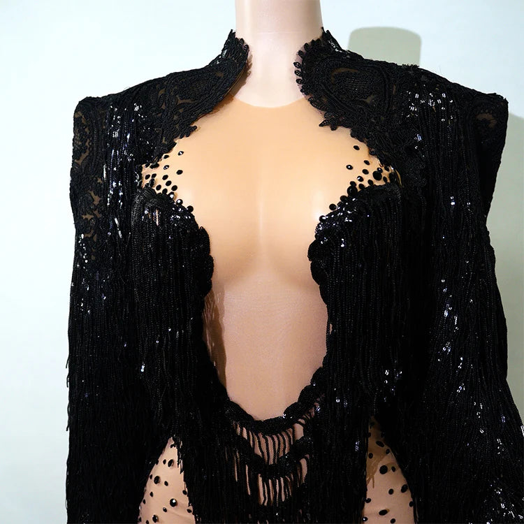 Rhinestone Tassel Fringe Jacket And Dress Costume Set