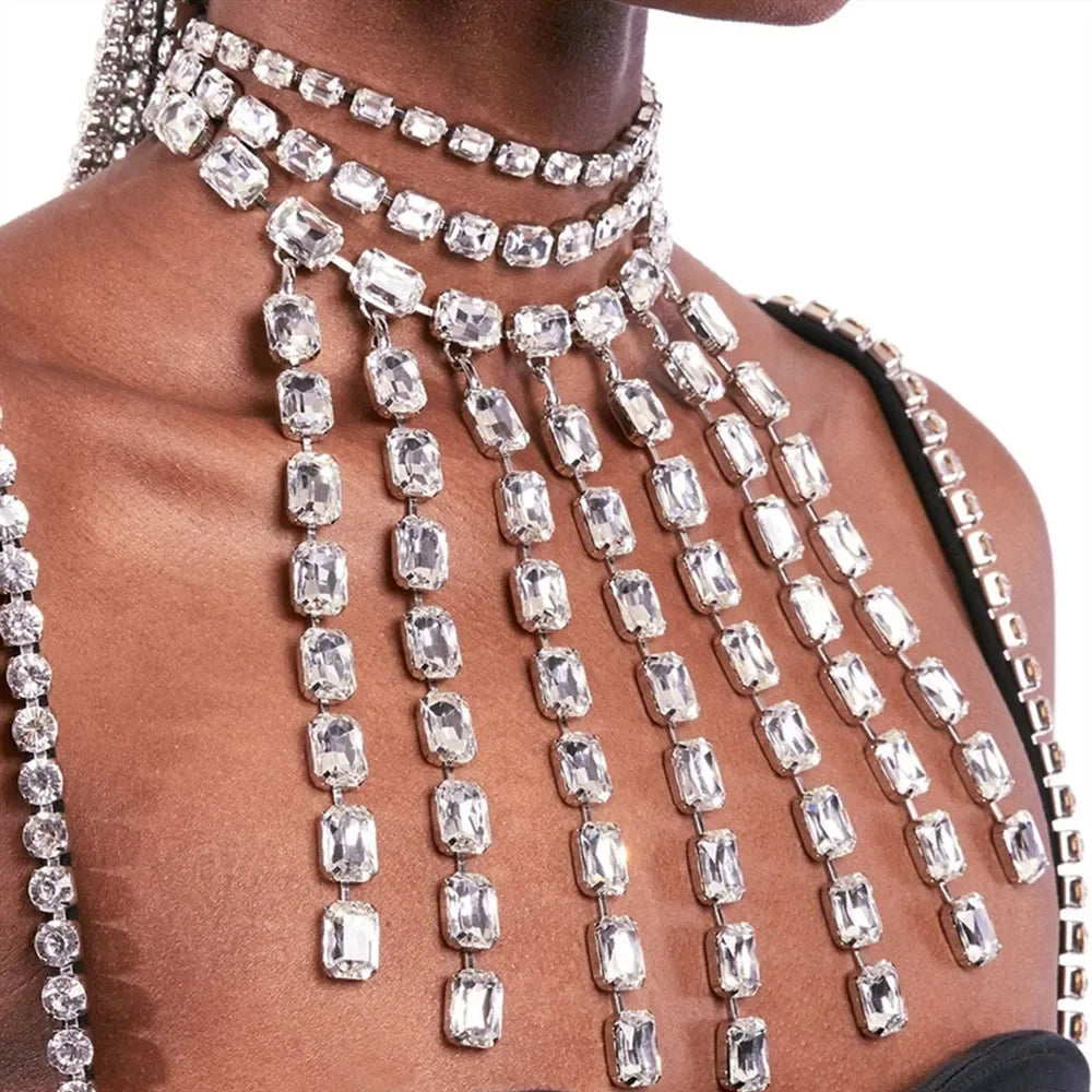 Square Pendant Rhinestone Fringe Choker