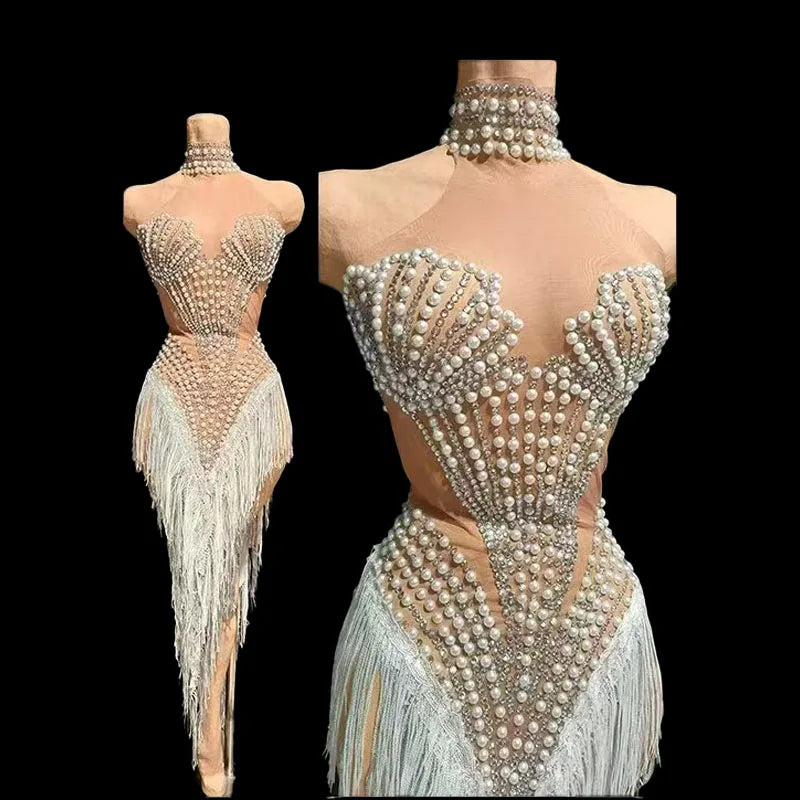 The Stardust Diamond Scallop Bodysuit – Luxury Rhinestone & Tassel Showgirl Costume
