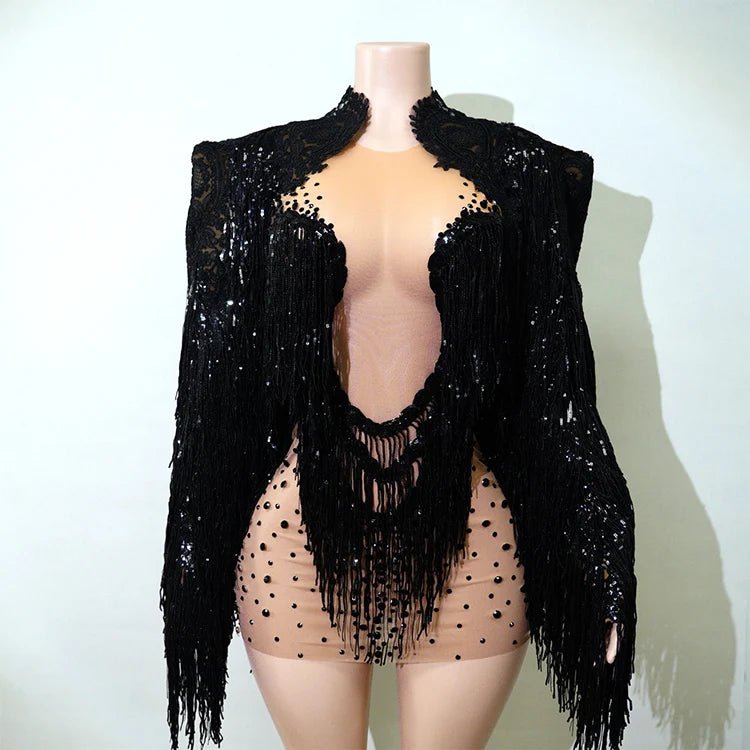 Rhinestone Tassel Fringe Jacket And Dress Costume Set