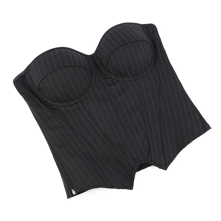Black Striped Overbust Corset Top Zipper Front Lace-Up Bustier Body Shaper