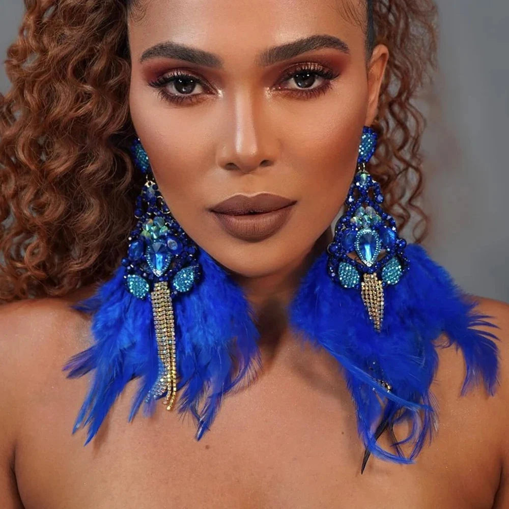 Sparkly Royal Blue Feather Rhinestone Tassel Dangle Earrings Stage Jewelry