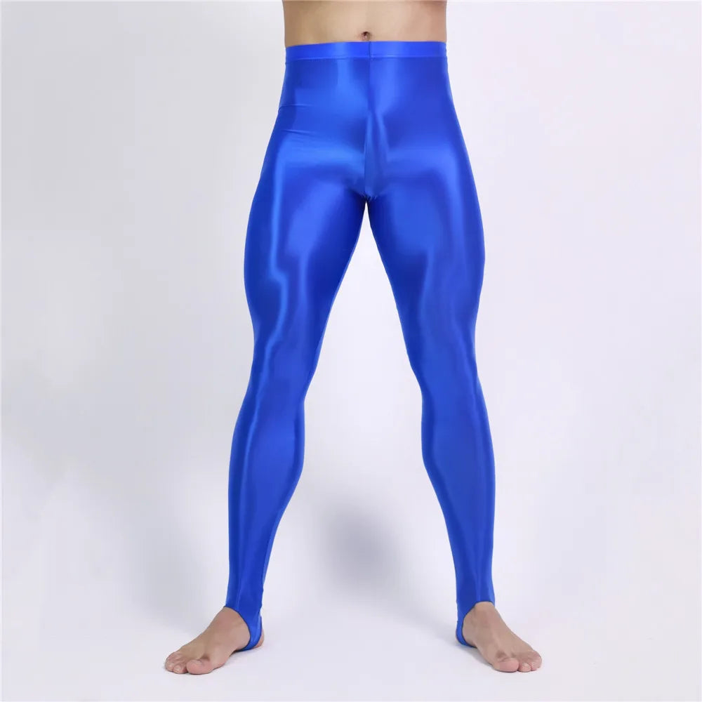 Men's Slim Tights Pencil Pants Stain Smooth  Oil Glossy Shiny Elastic Yoga Leggings Sheer See Through Full Pants Plus Size