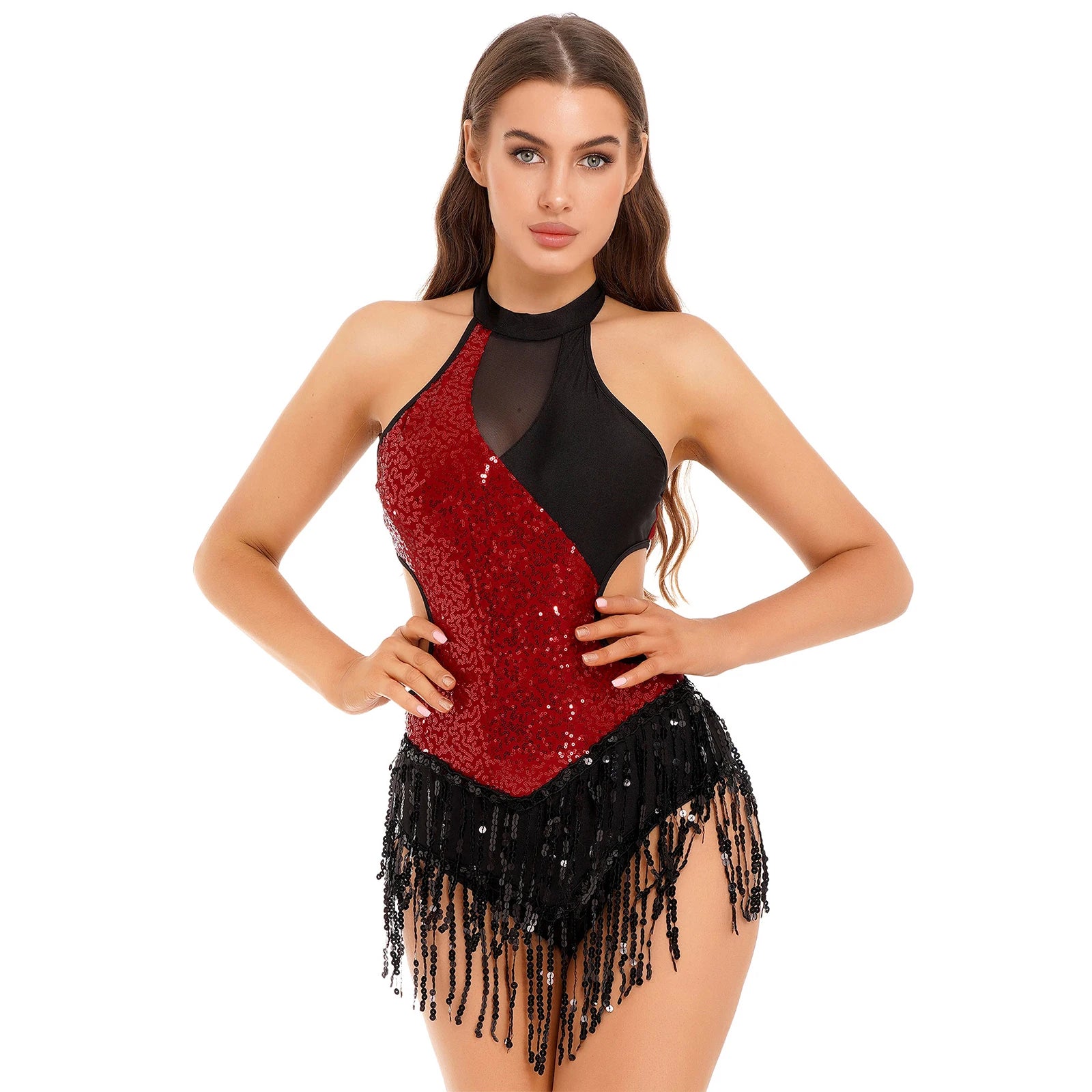 Sequined Fringe Latin Dance & Figure Skating Jumpsuit Leotard Set with Mesh Gloves