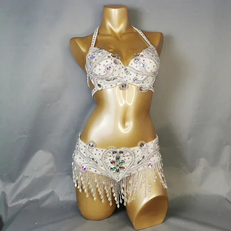 Dazzling Beaded Crystal Belly Dance Bra & Belt 2-Piece Costume Set