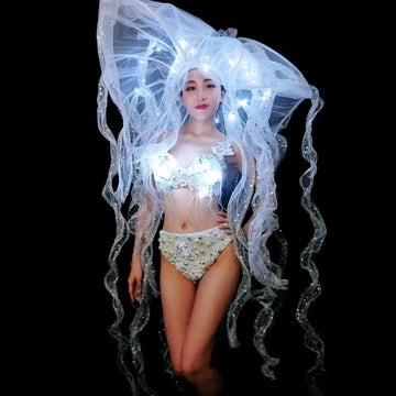 Pearl & Crystal Bustier Bikini Set & LED Illuminated Jellyfish Tentacle Headdress Stage Costume