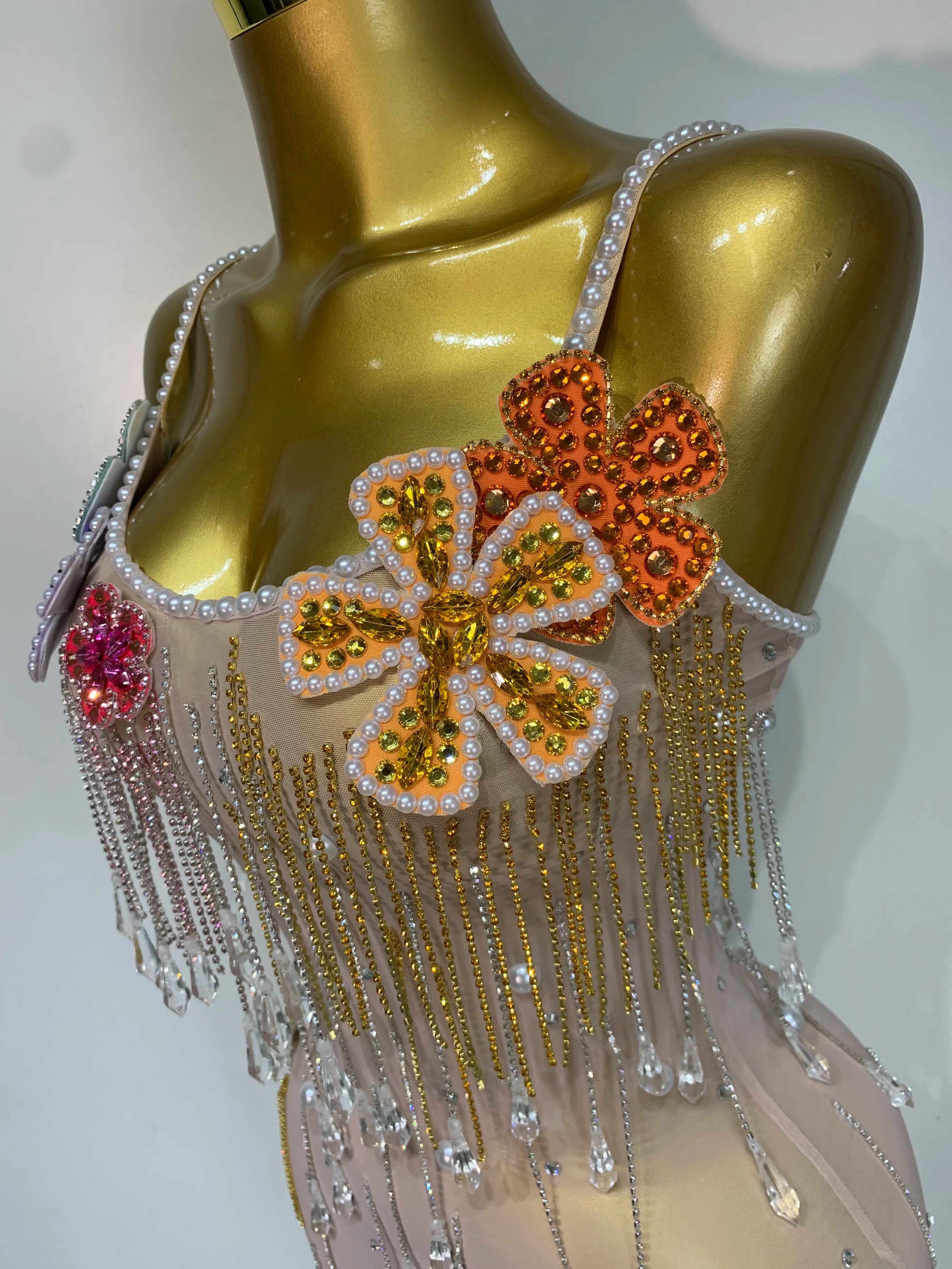 Colorful Rhinestone Pearl Sheer Dress & Two-Piece Mini Skirt Set Celebration Outfit