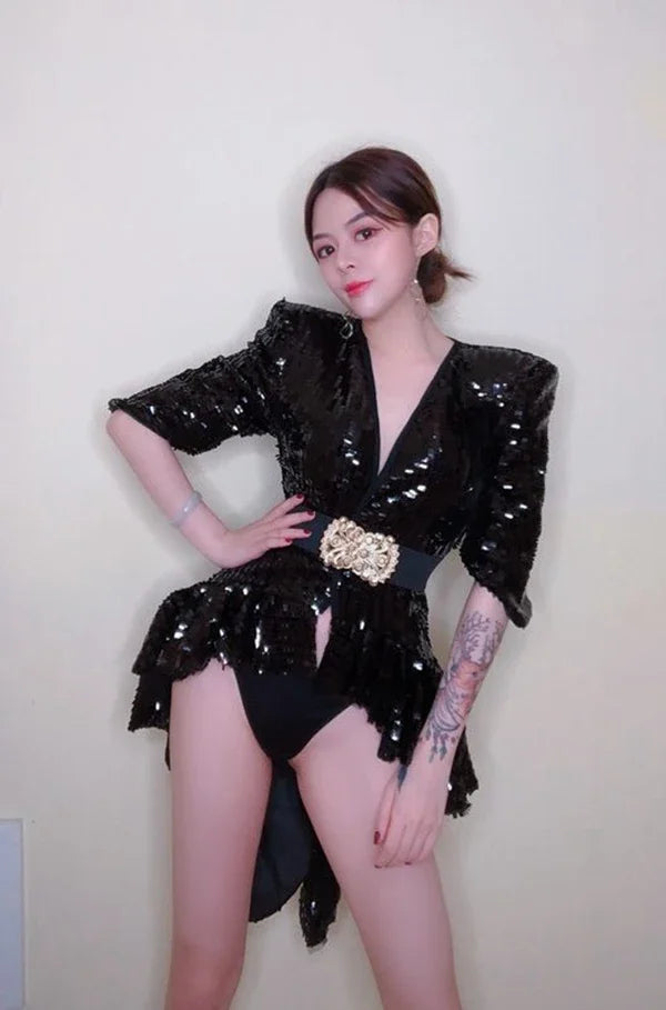 Sequined Shoulder Pad Tuxedo Leotard & Stage Performance Costume