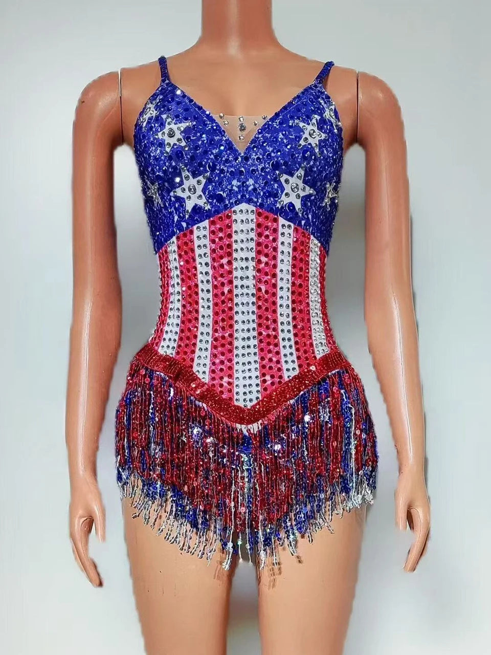 Sparkly Patriotic Rhinestone Sequin Tassel Bodysuit Americana Stage Leotard
