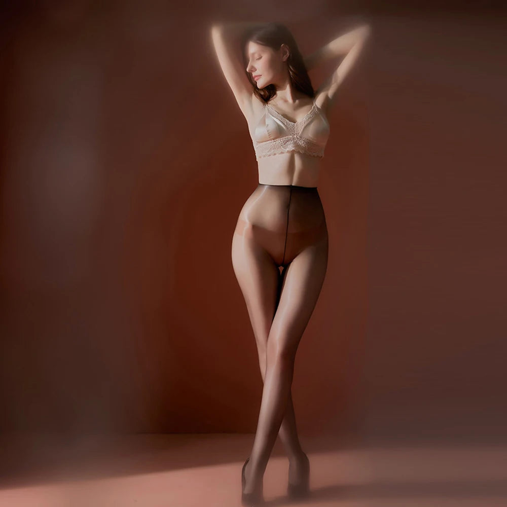 Sexy Men Sheer See Through Open Close Sleeve COCKring Stockings Sexy Tight Stockings Oil Glossy Shiny Pantyhose Maid Wear