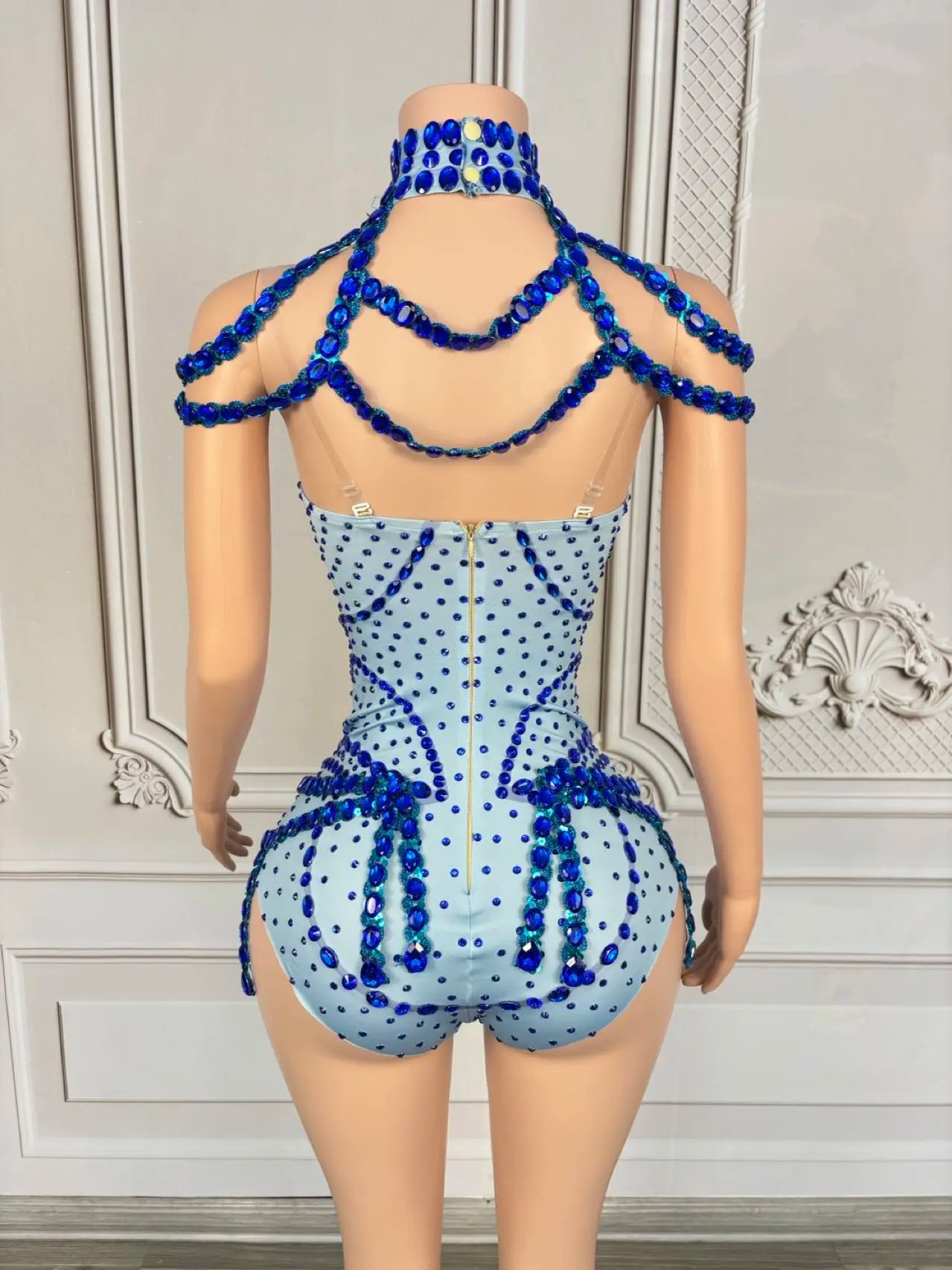 Sparkly Rhinestone Tassel Spandex Bodysuit Halter Dance Stage Costume Leotard
