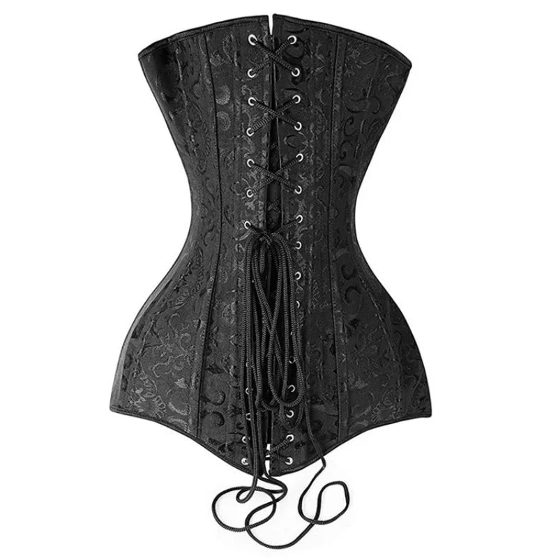 Steel Boned Long Torso Overbust Corset Top Gothic Vintage Floral Brocade Bustier