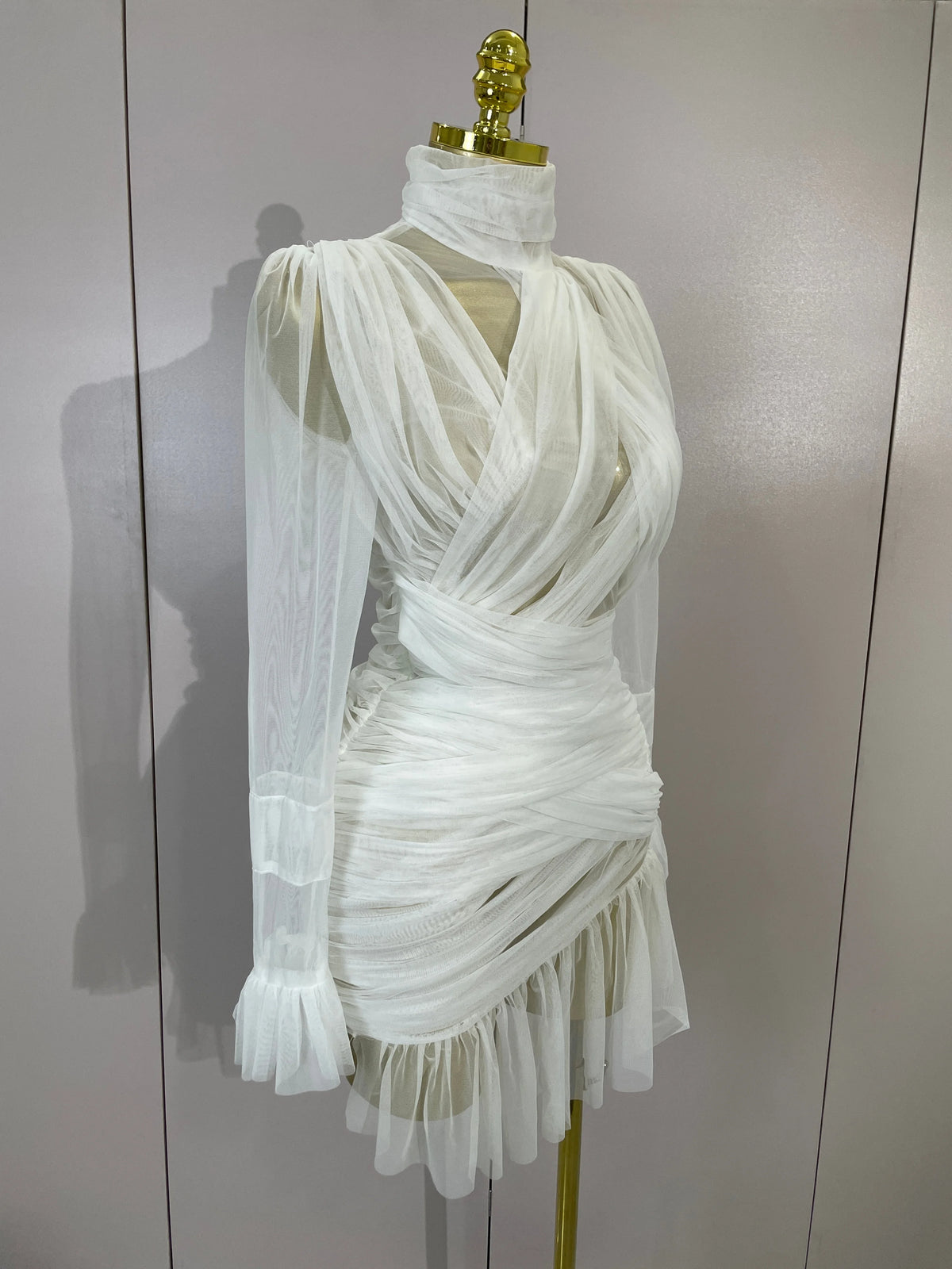 White High Collar Long Sleeve Solid Mesh Sexy See Through Ruffle Mini Dress