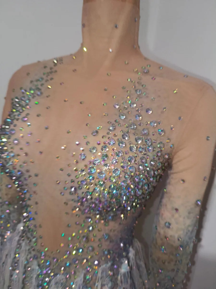 Iridescent Crystal Tassel Long Sleeve Sheer Mesh Stage Bodysuit Costume