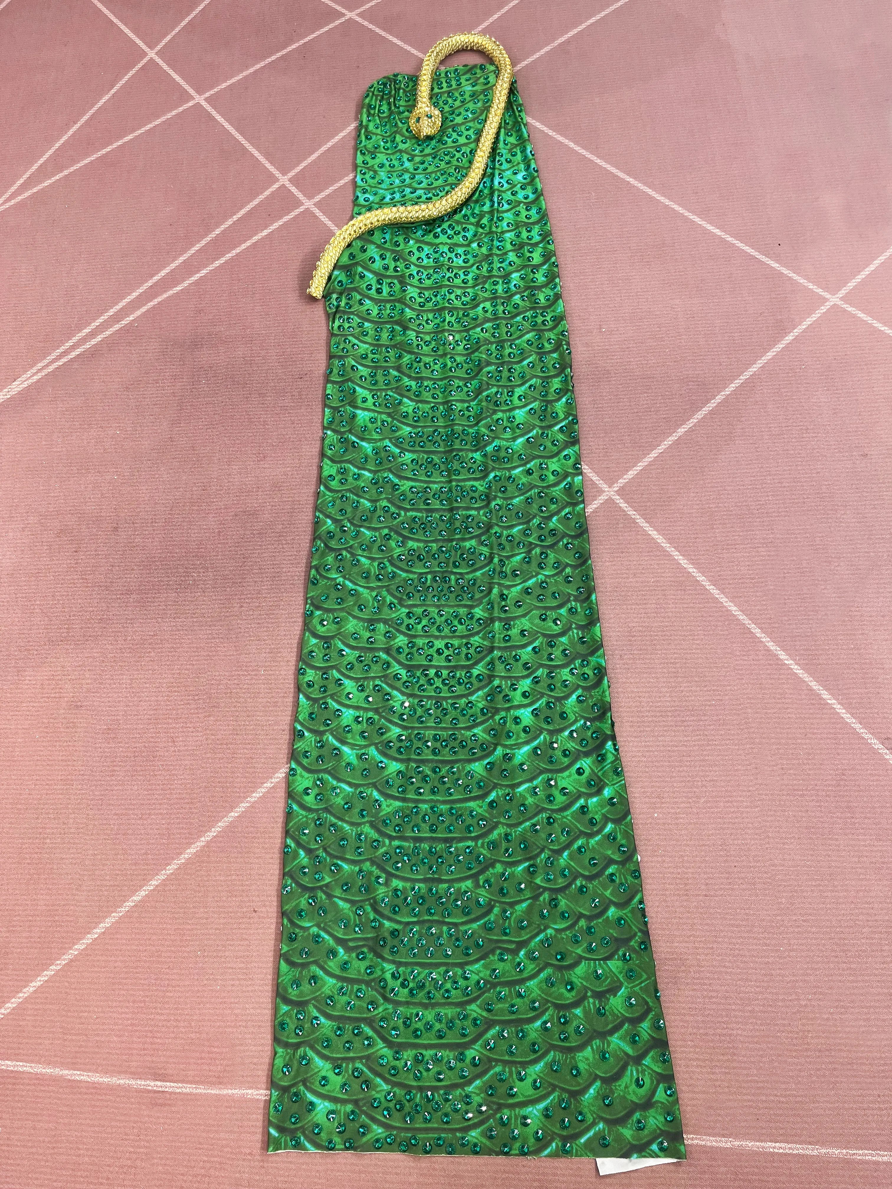Emerald Snake Rhinestone Illusion Strapless Gown Sculpted Serpent Floor-Length Evening Dress