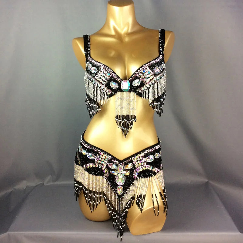 Dazzling Beaded & Sequined Belly Dance Bra & Belt 2-Piece Costume Set