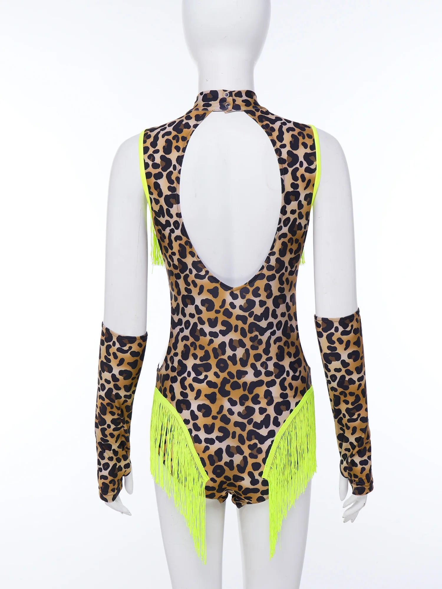 Leopard Cutout Bodysuit & Fringe Sleeves 2-Piece Latin Ballroom Stage Costume Set