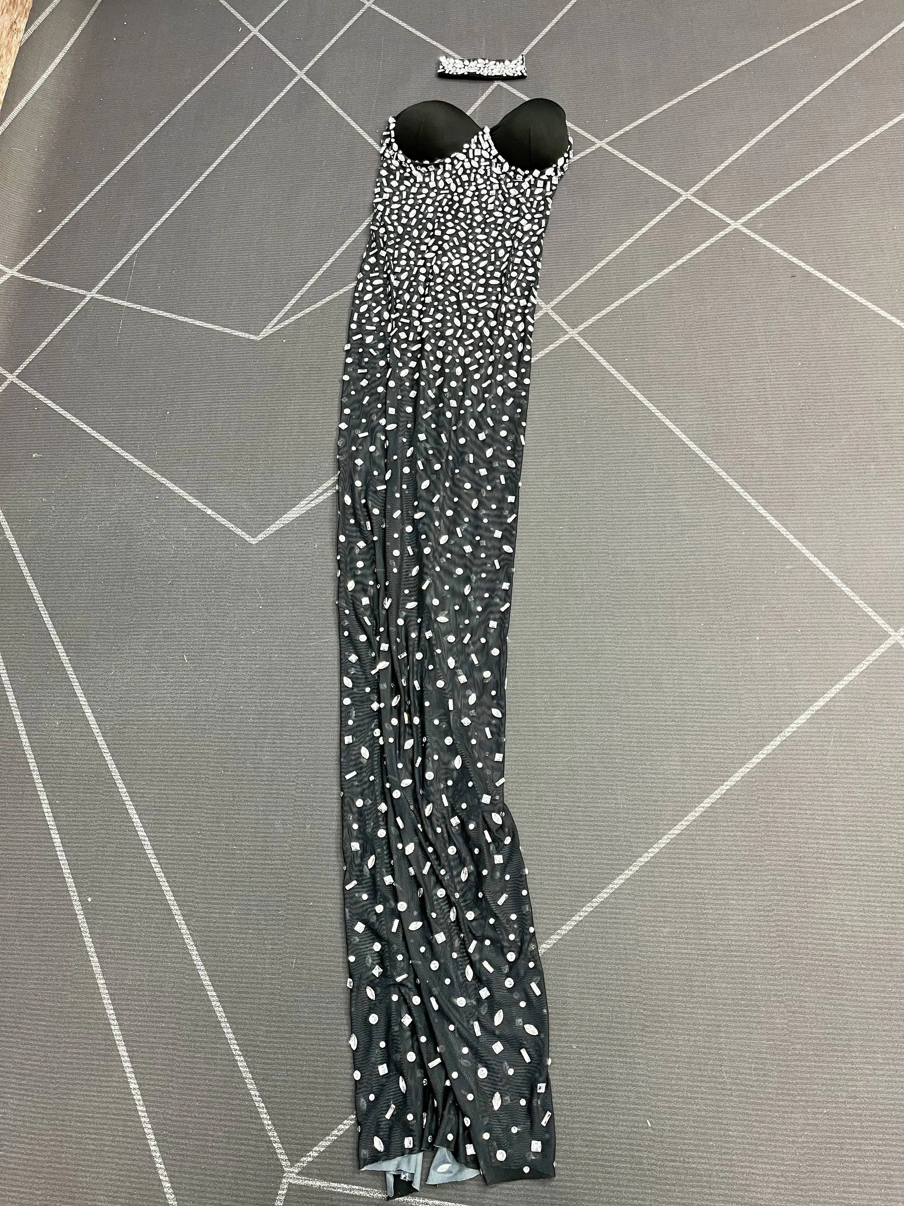 Silver Rhinestone Sheer Mesh Tube Evening Gown Stage Ball Dress