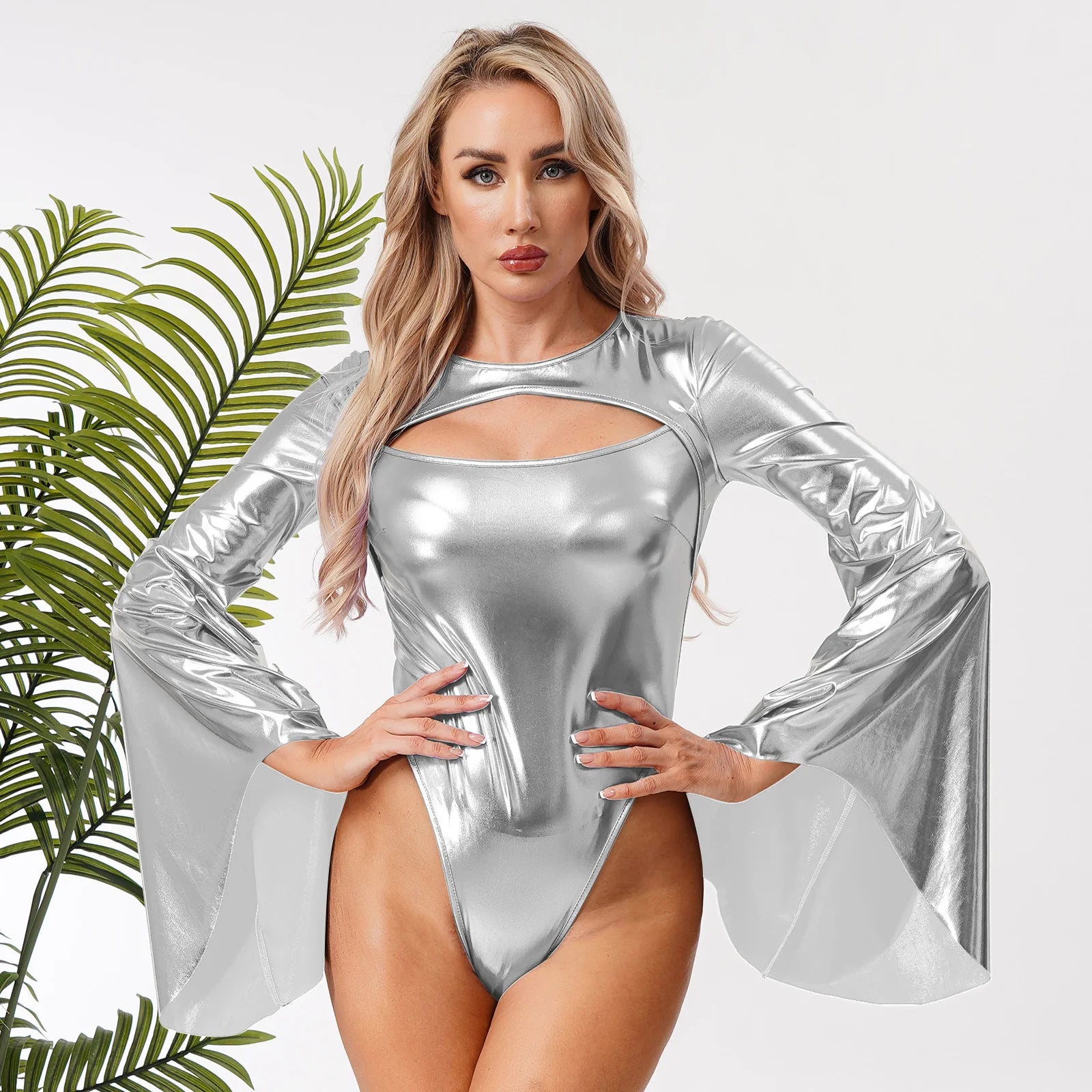 Metallic Flared Sleeve Cutout Disco Bodysuit & Metallic Rave Leotard