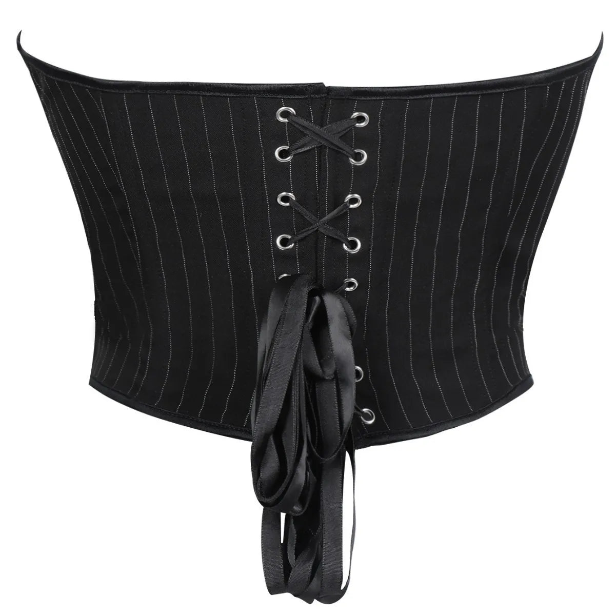 Black Striped Overbust Corset Top Zipper Front Lace-Up Bustier Body Shaper