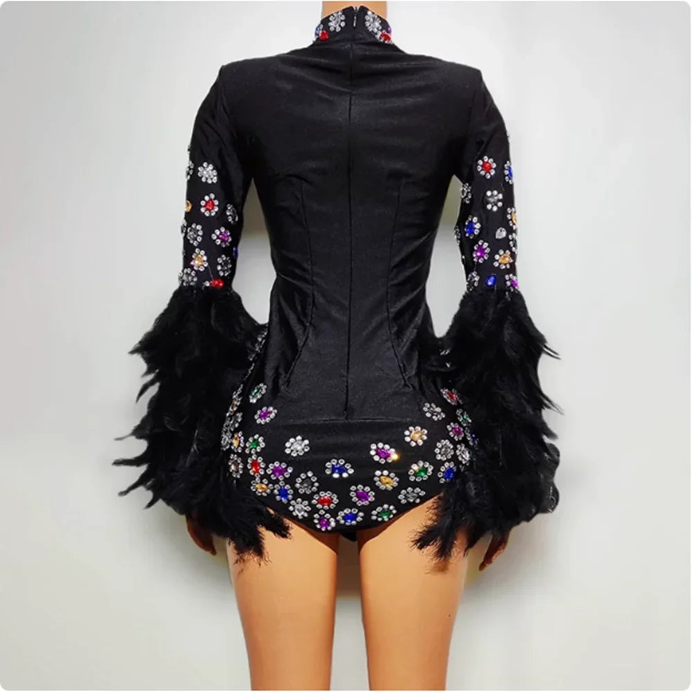 Black Feather Rhinestone Long-Sleeve Bodysuit