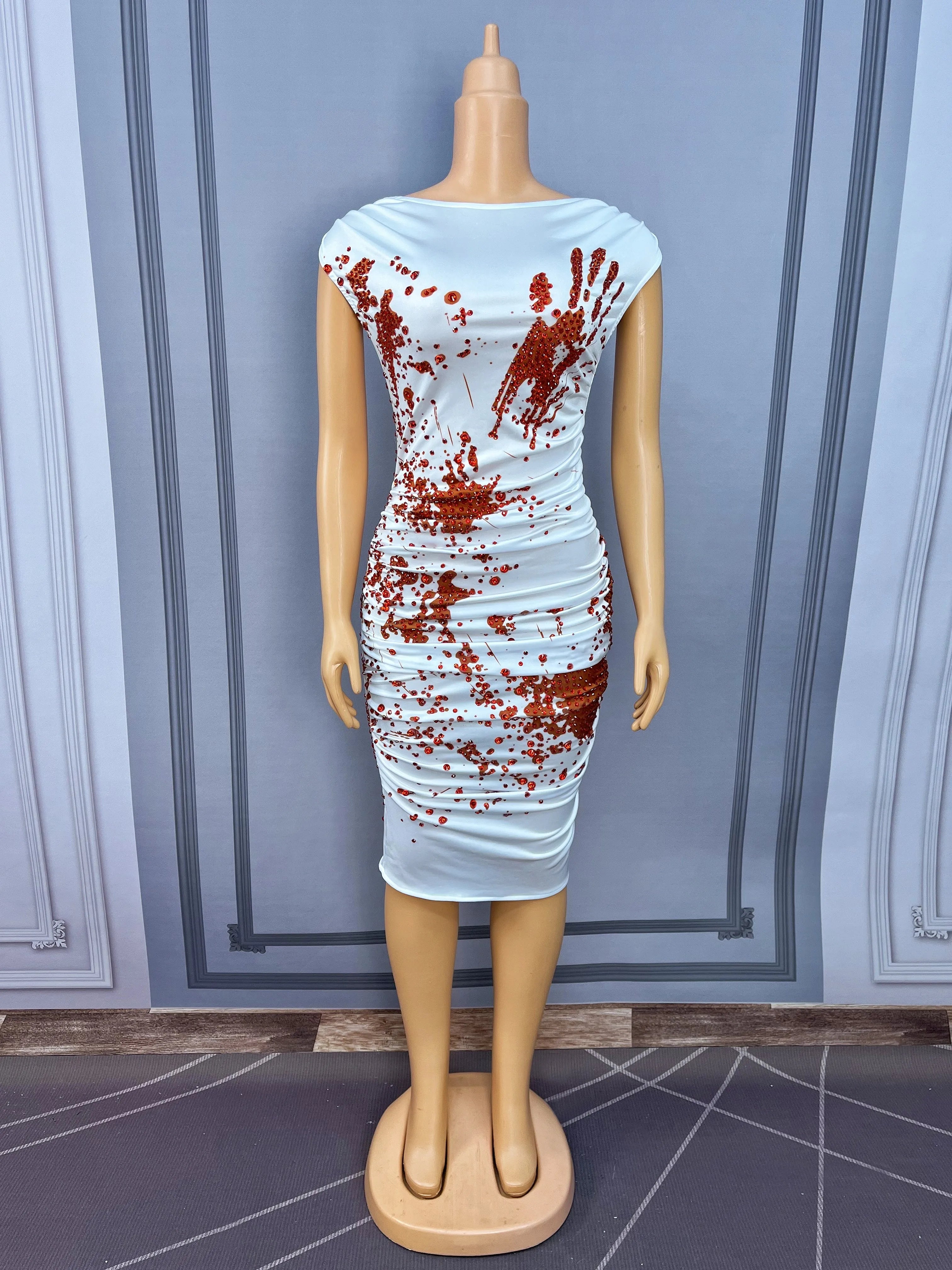 Blood Splatter Rhinestone Ruched Midi Dress Sleeveless Halloween Stage Costume
